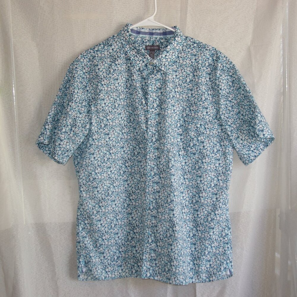 Van Heusen Blue Button Shirt with White Floral Pattern